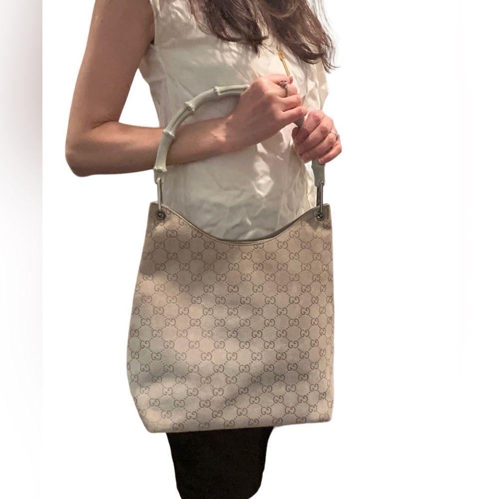 Grey Diana GG suede leather bamboo handle tote